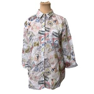 Chico's Postcard Print Linen Button Down Shirt Size 1 White Coastal Cottagecore